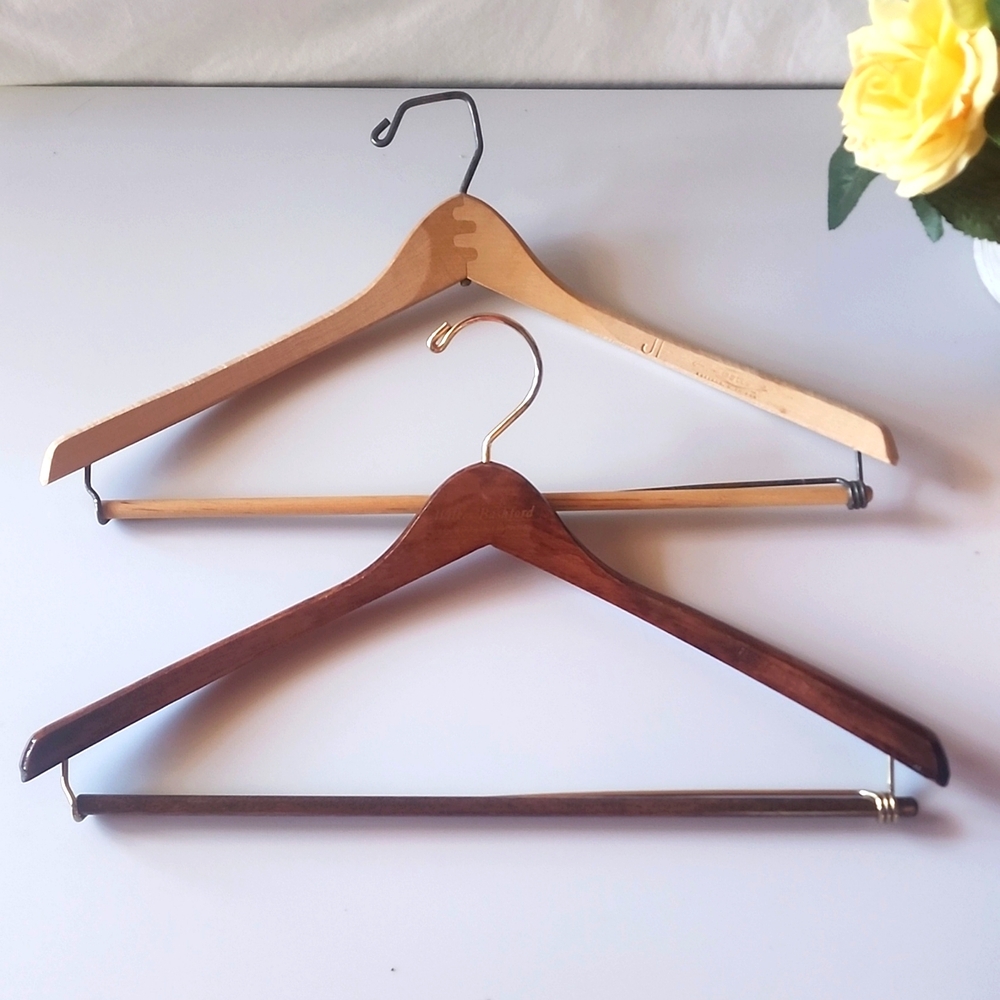 2 piece of Wooden Suit Hangers with Locking Bar, 1 Wishbone and 1 JF.